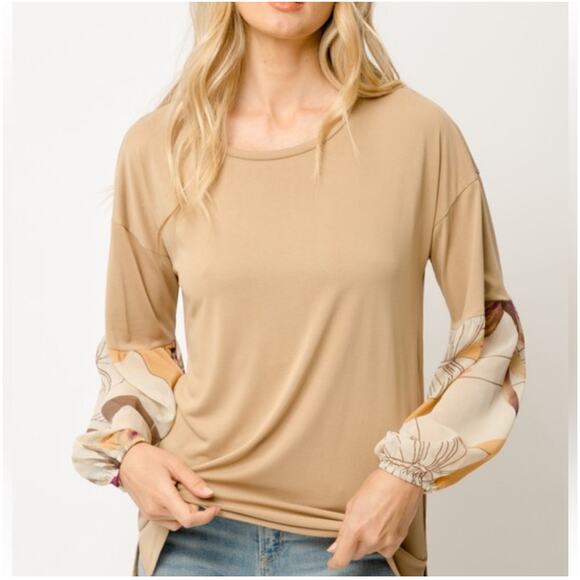 NWT, Women’s Tan Tropical Balloon Sleeve Top Sz Lrg Super Soft “Pretty” K252 - Picture 1 of 4